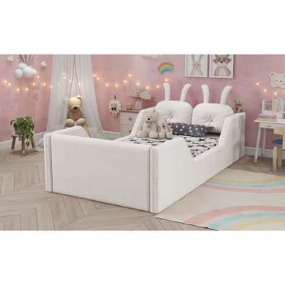 Lit plateforme simple tapissier avec coussin en lapin, lit pour enfant avec rails latéraux amovibles, blanc (date d’arrivée prévue le 2025/1/15)