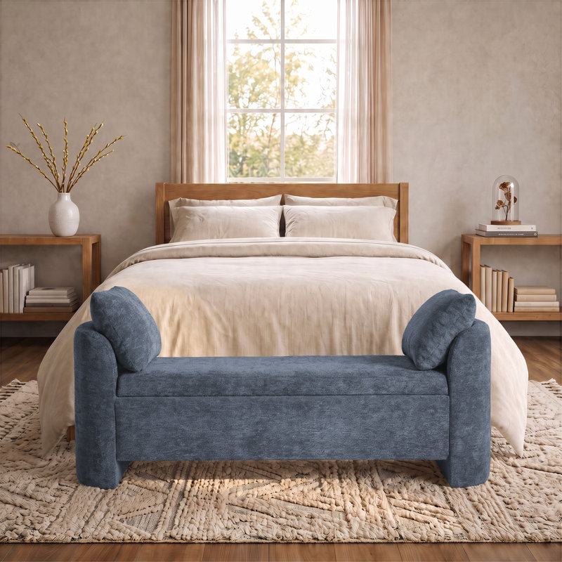 Banc de rangement moderne rembourré de 148 cm de large avec coussins, banc de chambre en chenille aux côtés incurvés pour chambre, entrée ou salon