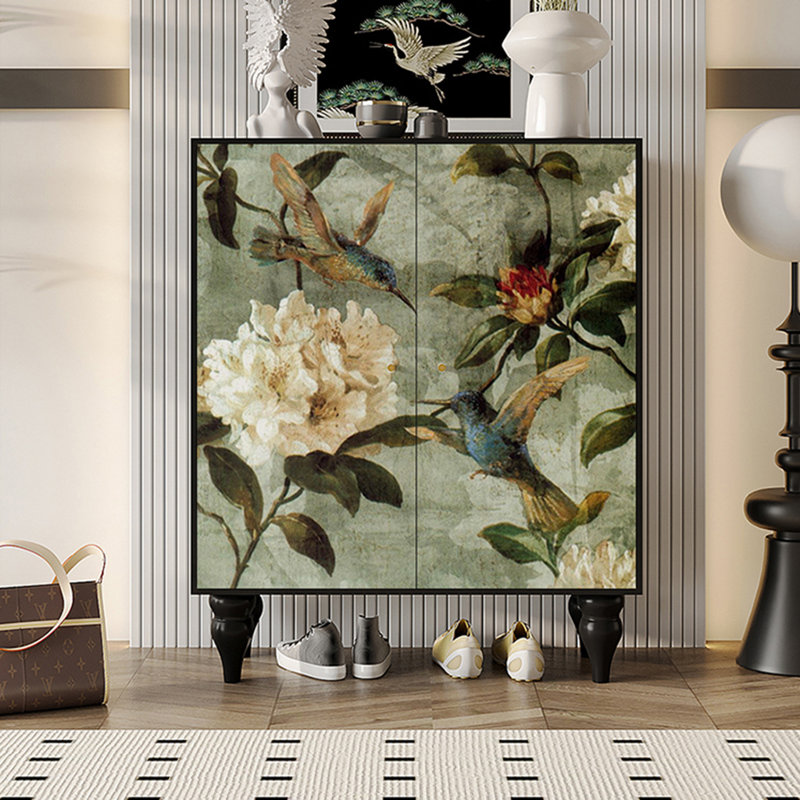 Chinese Flower And Bird Solid Wood Shoe Cabinet 17 Pair Shoe Storage Cabinet