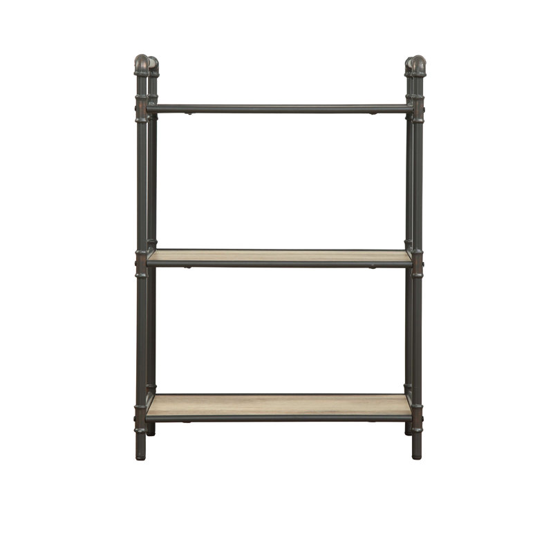 Antique Oak & Sandy Gray Finish 3 Bookshelf. Strong Metal Frame Shelves. Versatile Open Storage For Books, Decor. 26" X 36" 14". 24 Lb. Weight Shelf In Theme. . Neat Option. W H 14" D. Lb