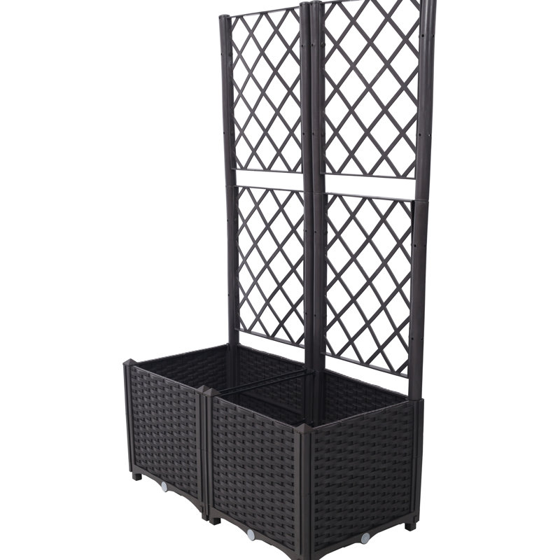 Brown Trellis Raised Bed - 2 Removable Pots And Drainage Plug Enhances Garden Decoration With Climbing Plant Support Polypropylene Outdoor
