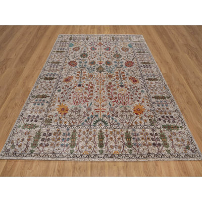 8'x10' Pearl White, Hand Knotted, Directional Vase Design, Silk with Textured Wool, Oriental Rug
