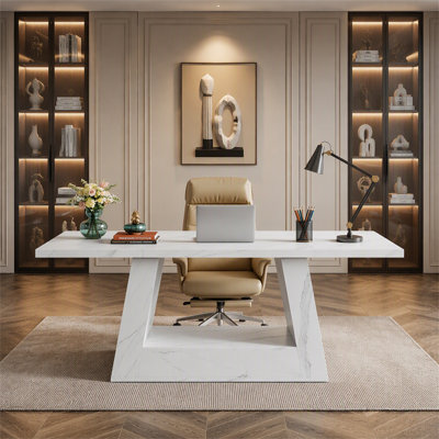 63" Wood Computer Desk, Faux Marble Executive Desk Office Desk