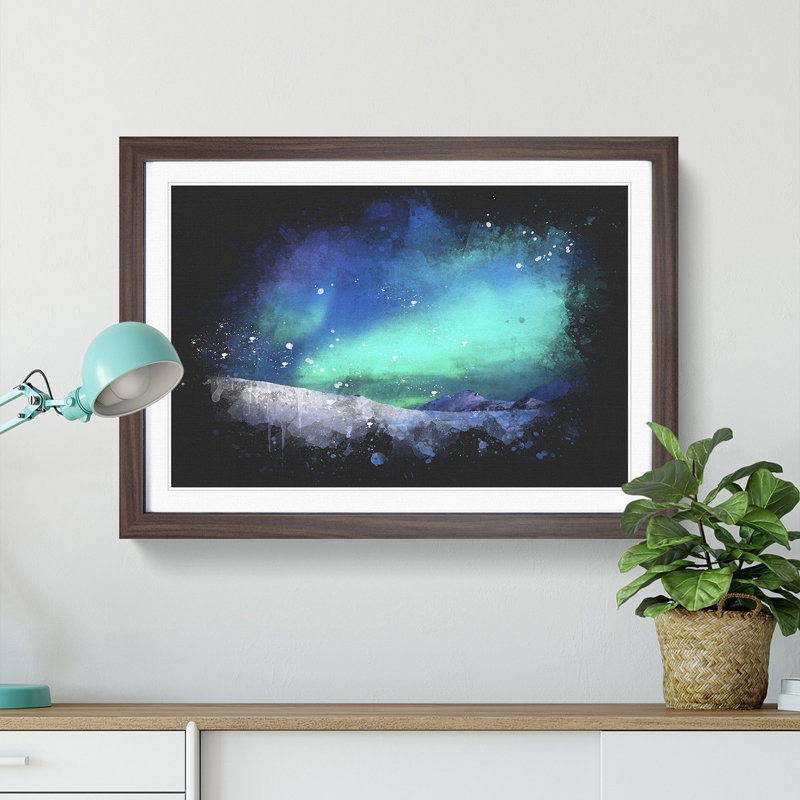 Aurora Borealis In Iceland Paint Splash - Framed Print, 24cm H x 33cm W x 2cm D, Walnut