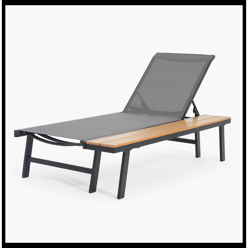 Outdoor Chaise Lounge Chair With Attached Wood Side Table, 1PC Durable Recliner, Weather-Resistant For Patio & Poolside, 1