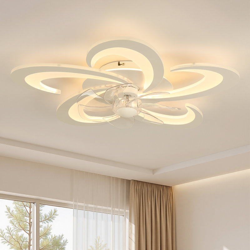 Ventilateur de plafond encastré moderne à DEL à 7 pales de 25,59 po Deontee avec télécommande et deux lumières, Blanc