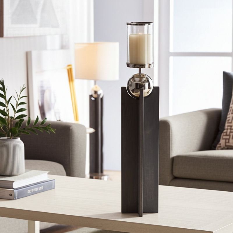 Modern Wood Pillar Candle Holder with Metal Sphere Accent - Decorative Tall Tabletop Candlestick Holder for Living Room - Gray