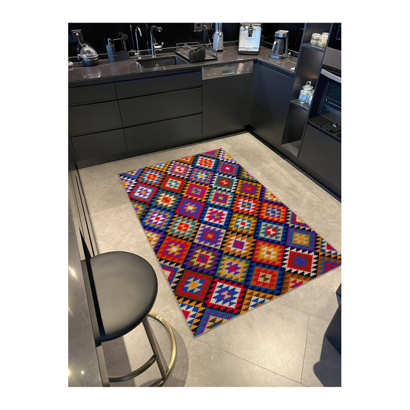 Tapis rond multicolore à motif géométrique rond lavable à la machine, Carré 3 pi 3 po