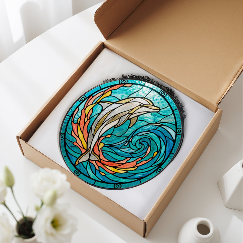7.8"H Dolphin Wave Stained Glass Window Panel, 7.8" H x 7.8" W