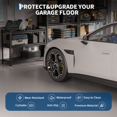 Heavy Duty Diamond Plate PVC Garage Floor Mat – 7.5x17 ft, 2.0mm Thick, Waterproof Non-Slip Protector, Cut to Fit, Easy to Clean, Ideal for Cars, SUVs, Workshop, Gray, 7.5*17