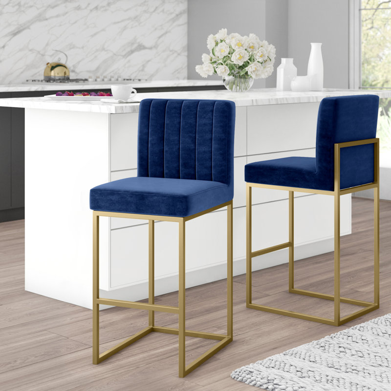 Amberdawn Upholstered Counter Stool, Polished Gold, Navy