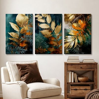 Tableau abstrait moderne et luxueux en trois parties, composé de trois toiles, représentant des feuilles et des plumes dorées, idéal pour la chambre ou le salon (40 x 90 cm).