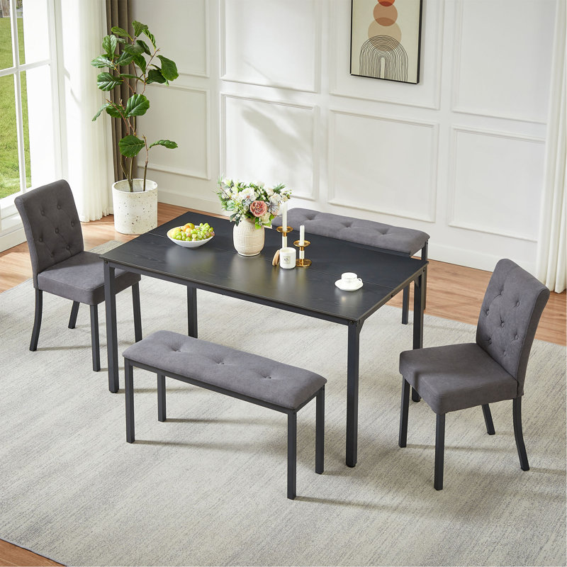 Ensemble de salle à manger moderne 5 pièces avec table noire, chaises et bancs rembourrés gris - Mobilier de cuisine compact