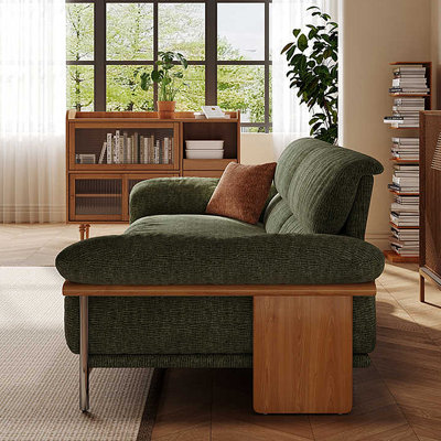 88.58"Green linen-blend loveseat with throw pillows