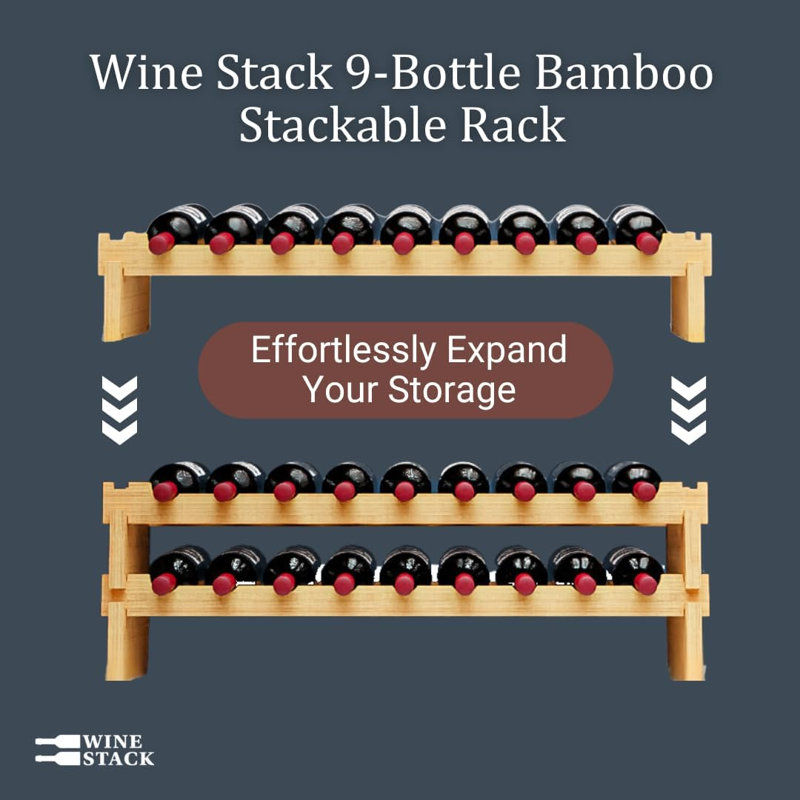 Wine Stack 9 Bottle Bamboo Stackable Rack, 6" H x 35.5" W x 10" D