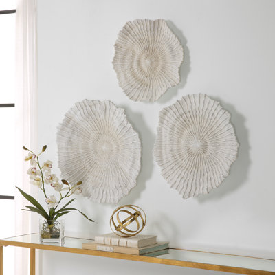 2 Piece Cream Shell Handmade Overlapping Shells Geometric Shadow Box with Canvas Backing Set