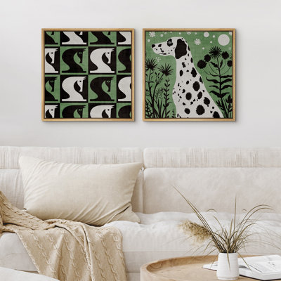 «Green Abstract Horses Dog», ensemble de 2 reproductions d'art sur toile encadrées