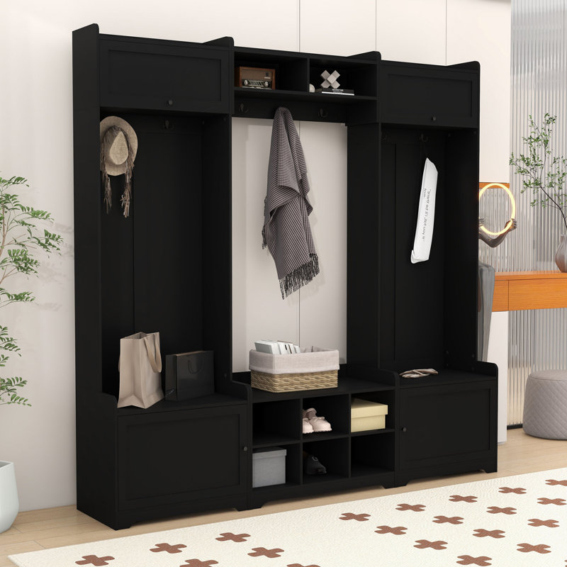 Classic Hall Tree with Storage Cabinets, 7 Hooks, Adjustable Shelves and Seating for Entryway, Black