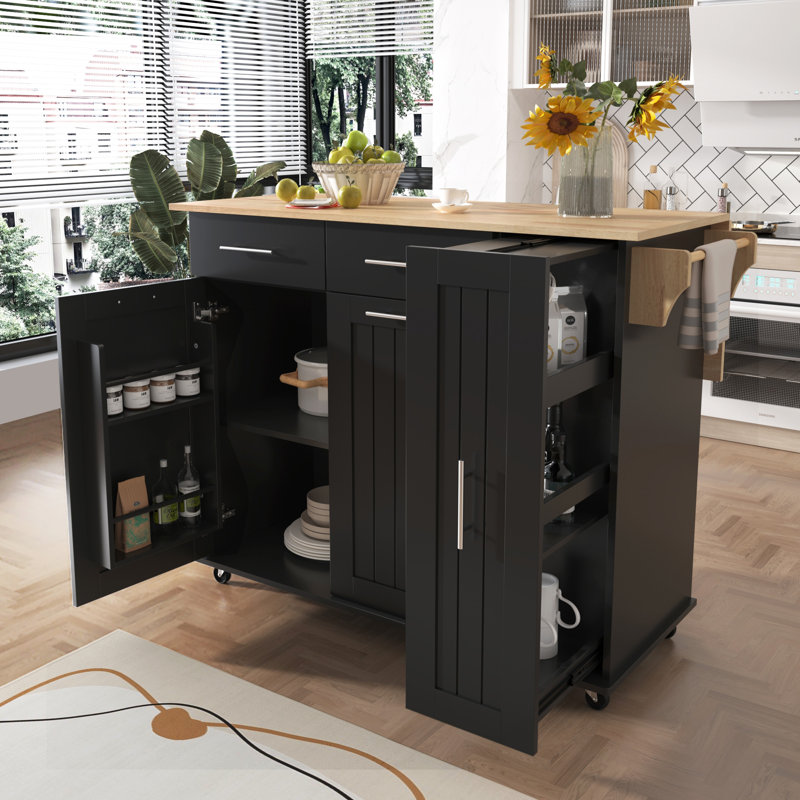 K&K Kitchen Island With Drop Leaf, Black