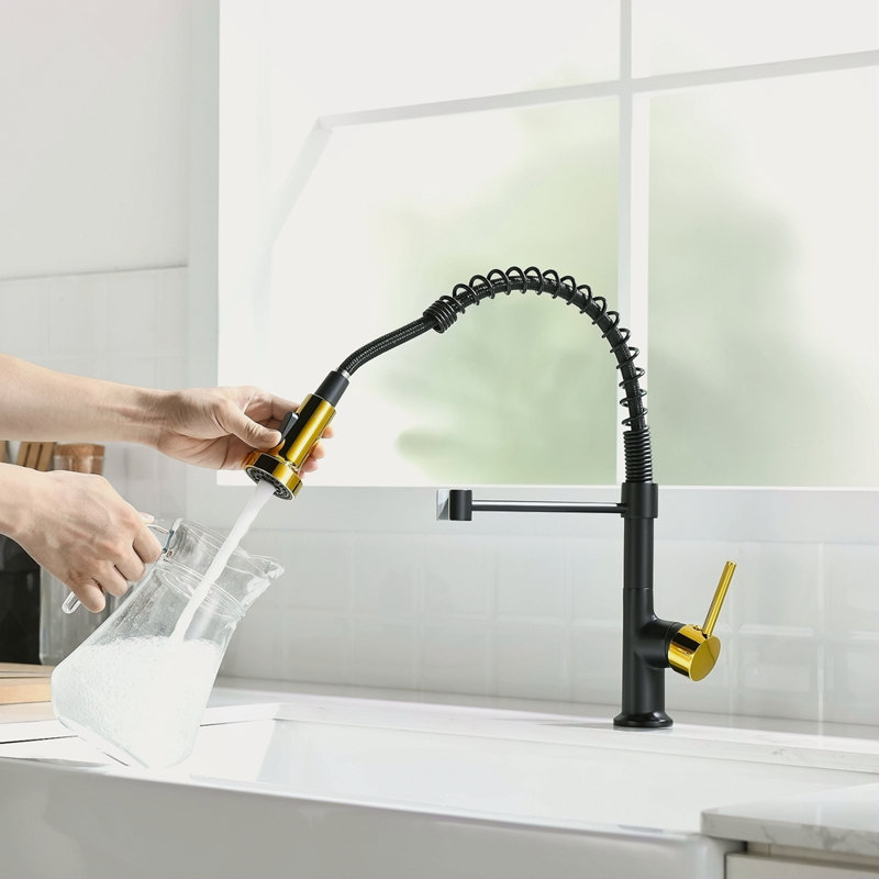 Commercial Black And Nickel Gold Kitchen Faucet With Pull Out Sprayer, Single Handle Single Lever Kitchen Sink Faucet