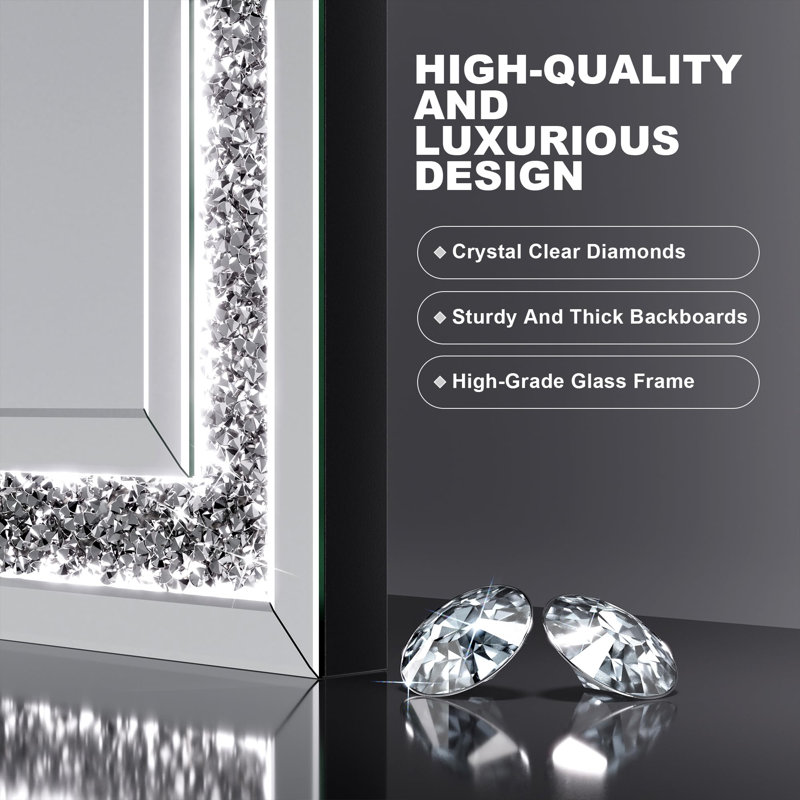 24 in. W x 32 in. H LED Diamond Wall Mirror, Crystal Diamond Mirror for Home Decor, Dimming & 3 Color Modes, 32" x 24"