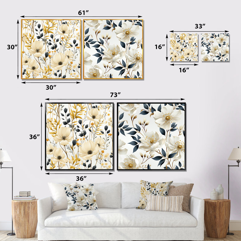 Pelhat - ensemble de 2 reproductions d'art sur toile florales, Cadre noir, H 16 po x l 33 po x P 1 po