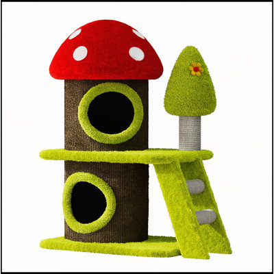 Tour pour arbre à chat moderne 30,7 pouces avec maison à thème champignon et poteaux à griffer en sisal pour l'intérieur et les maisons multi-chats