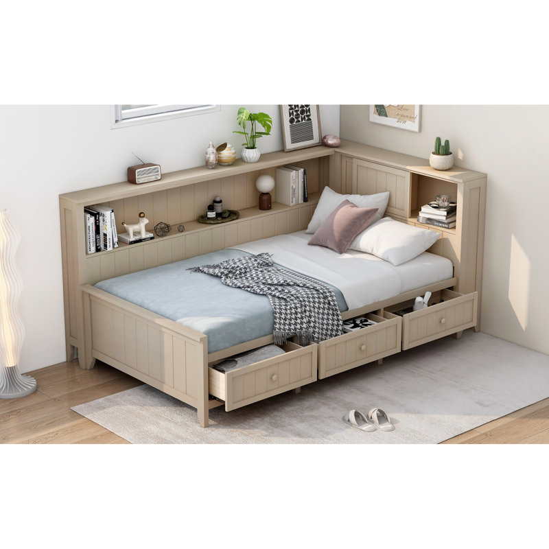 Lit de jour simple en bois avec 3 tiroirs, lait blanc antique, fabrication, aucun sommier requis blanc, solide, Lit simple