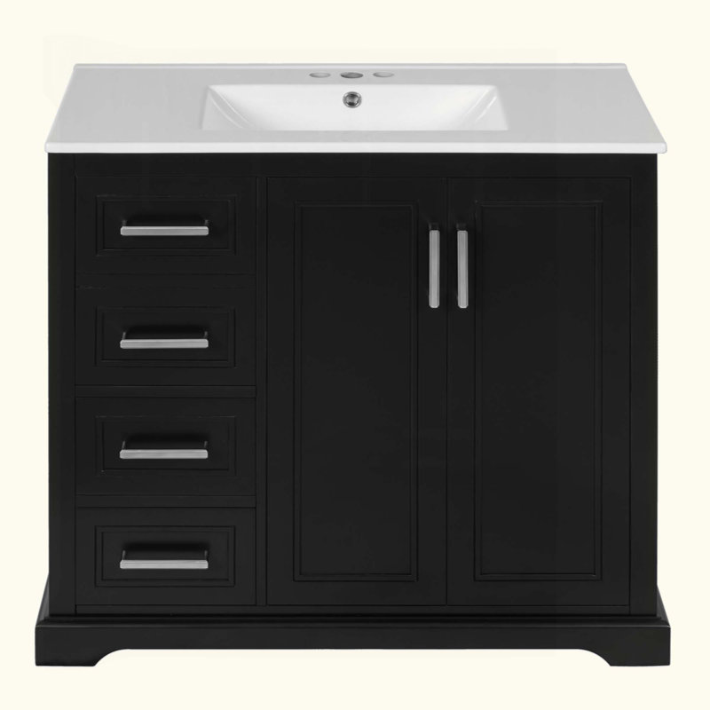 Meuble-lavabo moderne avec lavabo en céramique, porte, tablette réglable et 3 tiroirs, rangement spacieux, Noir