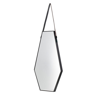 Hexagonal Black And Silver Wall Mirror With Leather Hanging Strap - 18 X 31.5 Inch Decorative Accent Mirror | Gift Idea