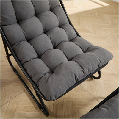 Patio Outdoor Lounge Chair with Ottoman, Comfy Sling Recliner Chair with Puffy Cushion and Foot Stool, Ideal for Living Room, Bedroom, Reading Room, Black frame with grey cushion