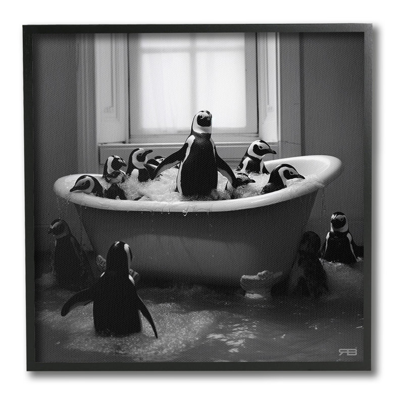 «Penguin Flock in Tub», estampe numérique encadrée par RB, Giclée encadrée noir minuit, H 12 po x l 12 po