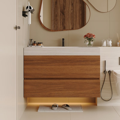 29.9" Modern Floating Bathroom Vanity with Faux Marble Top and Ceramic Undermount Sink, Wall-Mounted for Small Bathrooms and Apartments
