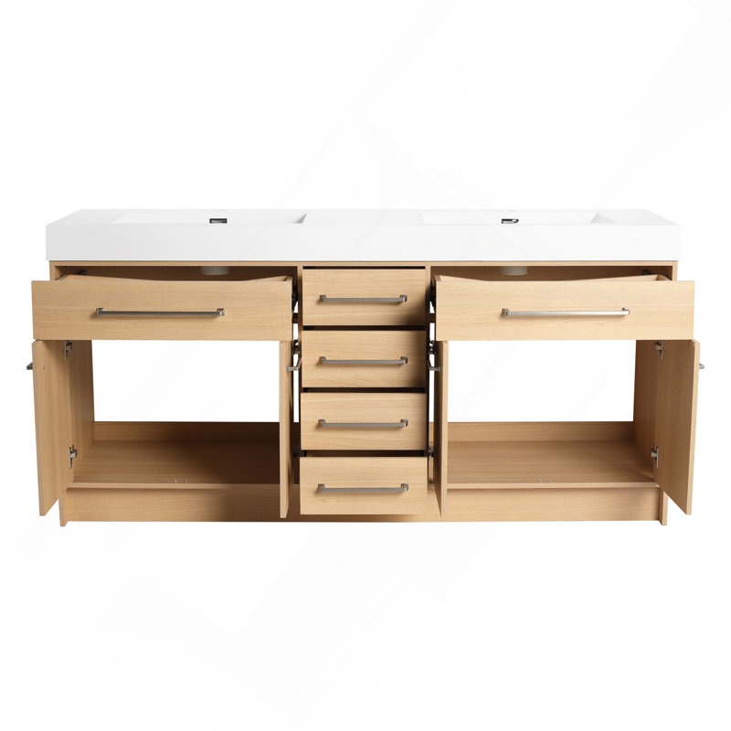 72" Freestanding Bathroom Vanity with Double Resin Sink, 4-Soft Closing Door & 6-Soft Closing Drawer, Original Oak, Plywood