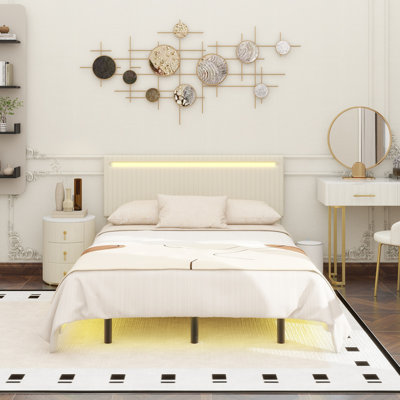 Modern Upholstered Floating Bed Frame With LED Lights, Vertical Channel Design Velvet Fabric Bed, No Box Spring Needed
