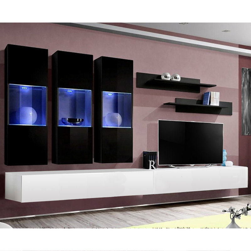 Nardi 126" Modern Floating Wall Mounted Entertainment Center with 16-Color LED Lighting, High Gloss Finish, Black/White