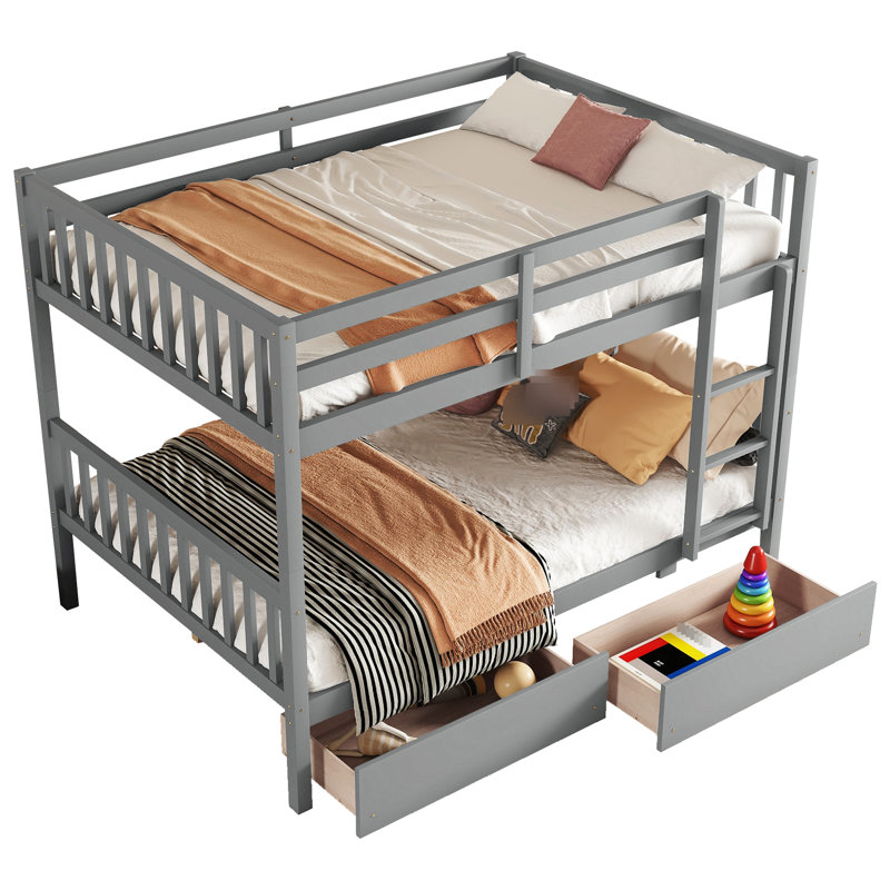 Lit superposé gris double avec lits amovibles et 2 tiroirs pratiques - finition en bois d'hévéa, Gris