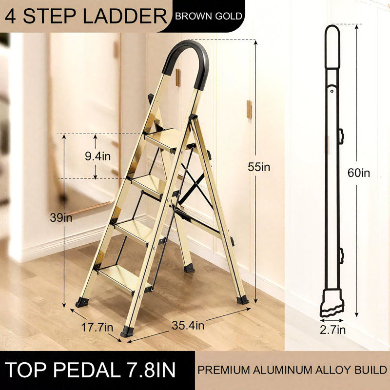 4 Step Ladder With Handrails, Folding Step Stool, 330 Lbs Capacity