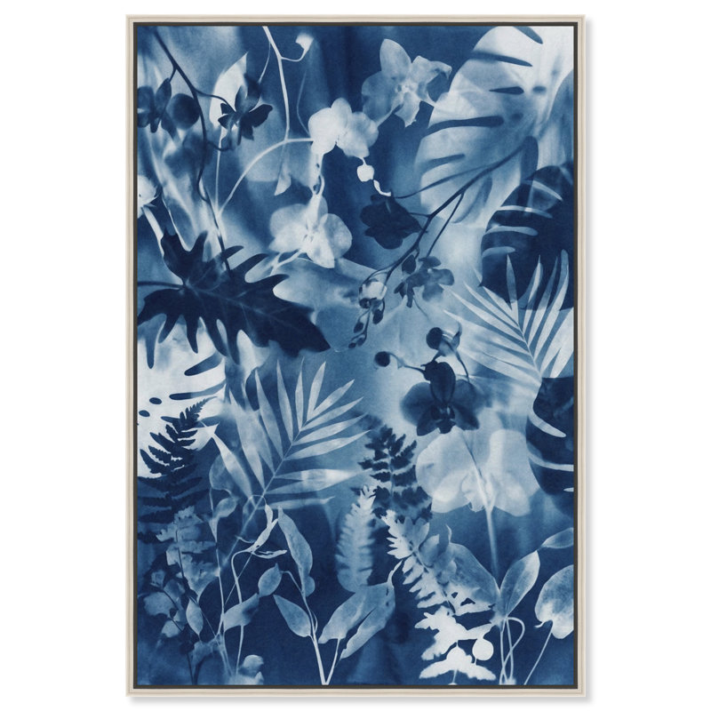 Blue Foliage Print by Oliver Gal, 37"H x 55"W, Silver Floater Frame
