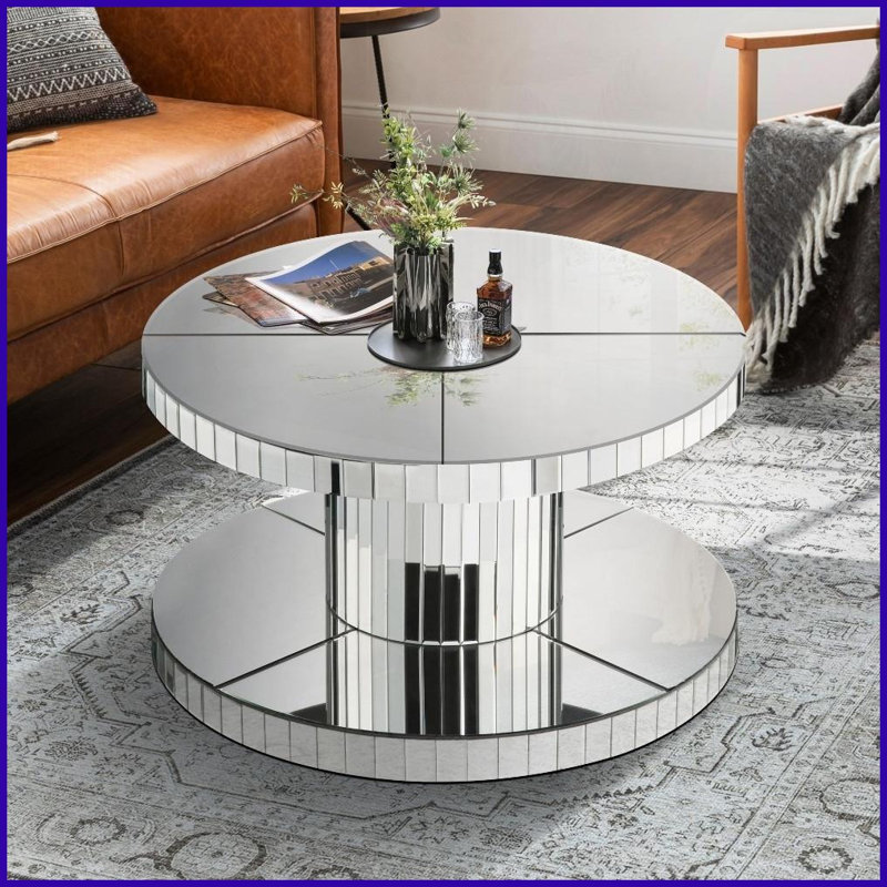 Table basse ronde avec miroir Light Luxury - table de bout à double fonction de 31,5 po de diamètre avec base cannelée en verre