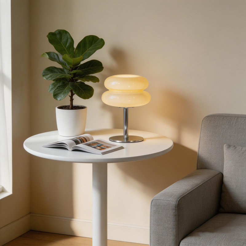 Beige Glass “burger” Table Lamp With Tri-color E26 Bulb, Plug-in Design