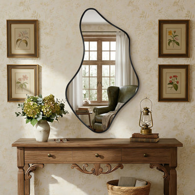 Luxury Asymmetrical Black Wall Mirror, Designer Irregular Bathroom Vanity Mirror with Sleek Aluminum Frame for Modern Interiors