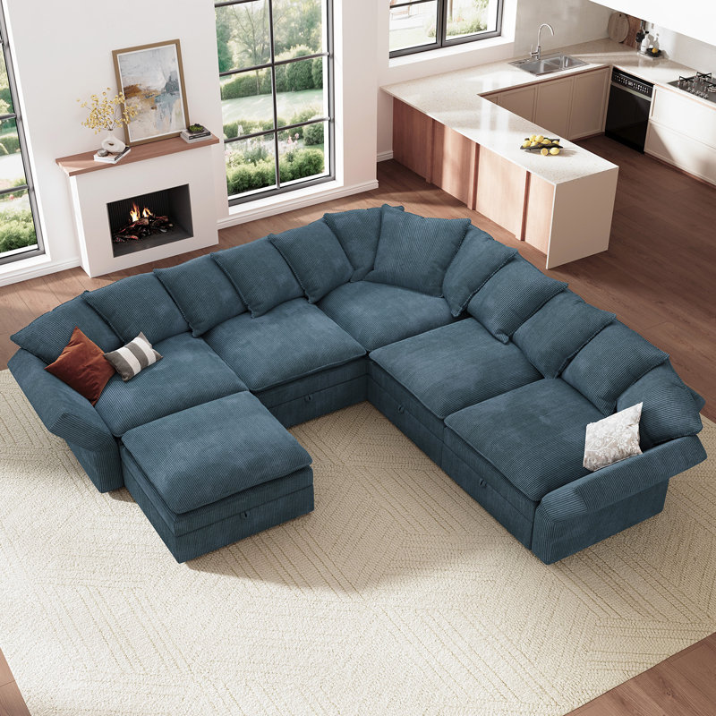  Canapé modulaire en velours côtelé avec rangement Wynter, Velours côtelé bleu, H 28,7 po x l 105,5 po x P 105,6 po