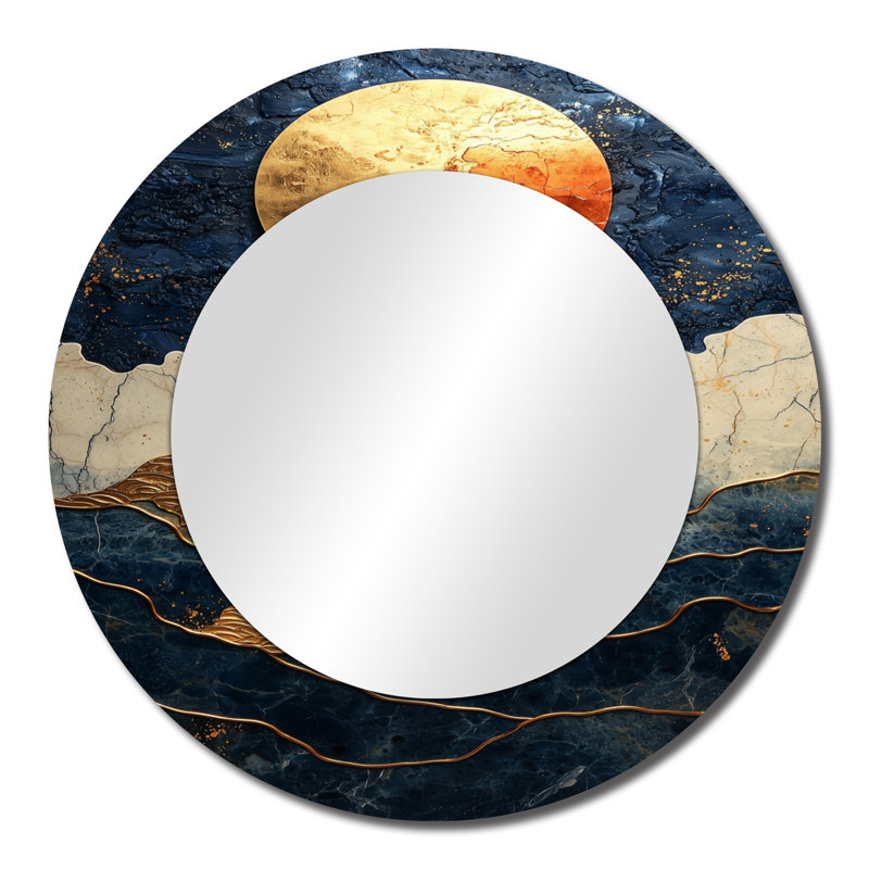 Lune dorée sur un paysage côtier liquide I - Art mural décoratif en astronomie - imprimé sur métal, 23 po x 23 po