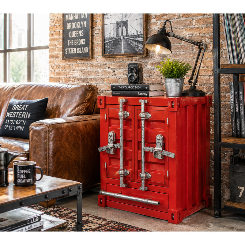 Industrial Cargo Container Accent Cabinet with Drawer, Red