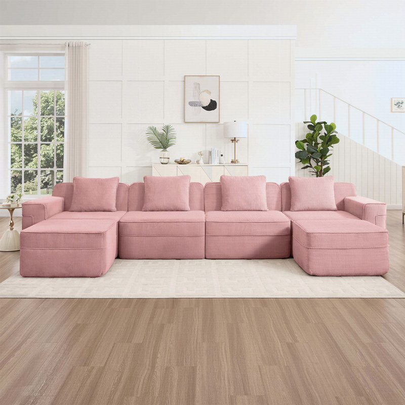 Canapé modulaire modulaire en forme de U sans siège à 4 places, canapé modulaire Cloud avec assise profonde, canapé modulaire moderne à 4 places avec coussins décoratifs et 2 repose-pieds amovibles, tissu en velours côtelé