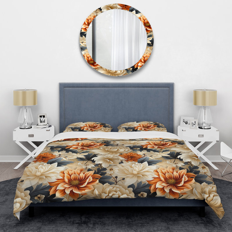 Mosaic Beige and Orange Botanicals - Ensemble de housse de couette à motif floral