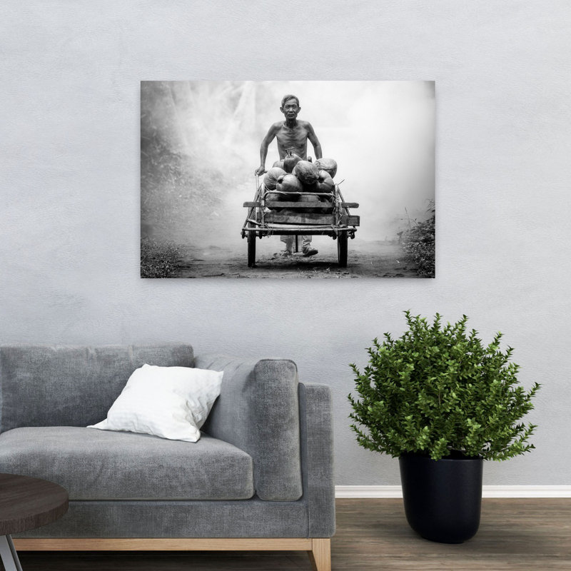 «Work Man», art contemporain mural tropical, fruits et charrette, H 32 po x l 48 po