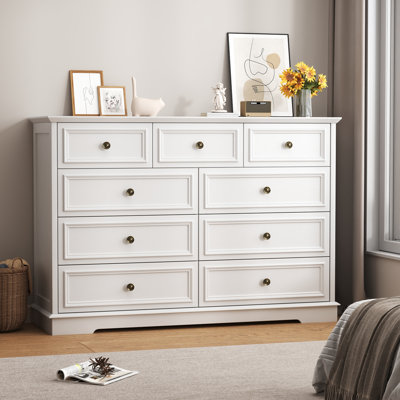 Valera 9-Drawer Dresser, Vintage Wide Storage Chest With Antique Bronze Handles