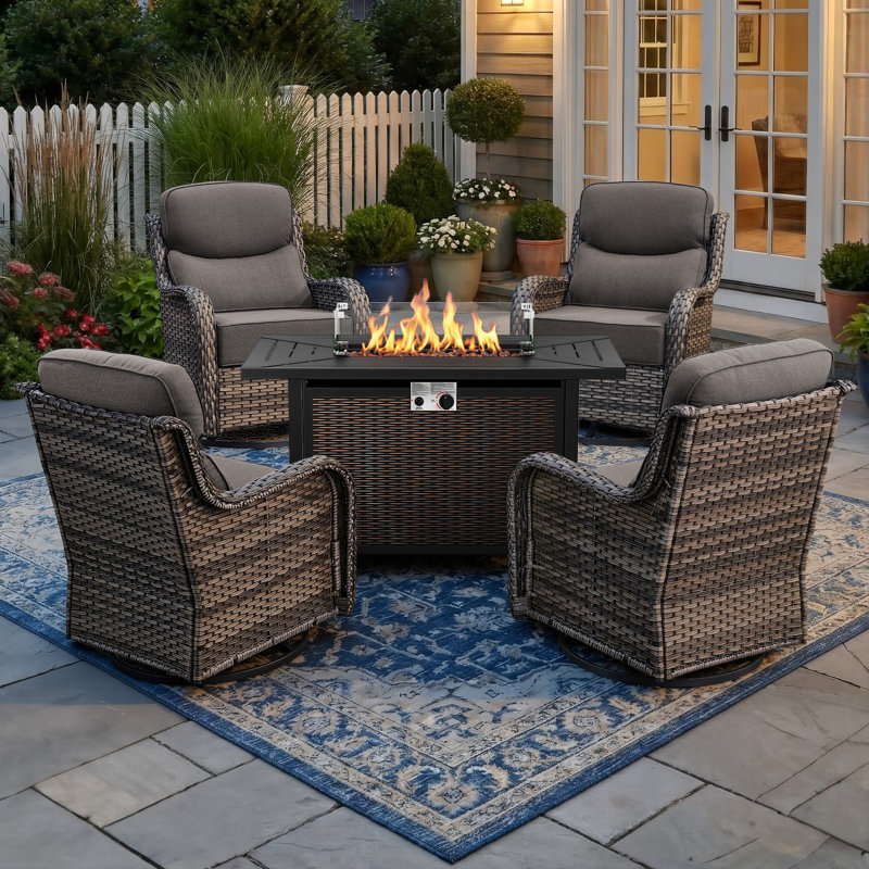 4 - Person Patio Furniture Chair Set With Fire Pit Table, 4 Swivel Glider Chairs With 6-Inch Cushions, Gray, Gray